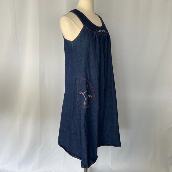 Vintage 70s Dress Size Small Blue Jean Denim Pinafore Trapeze Boho Hippie Retro - Picture 4 of 15